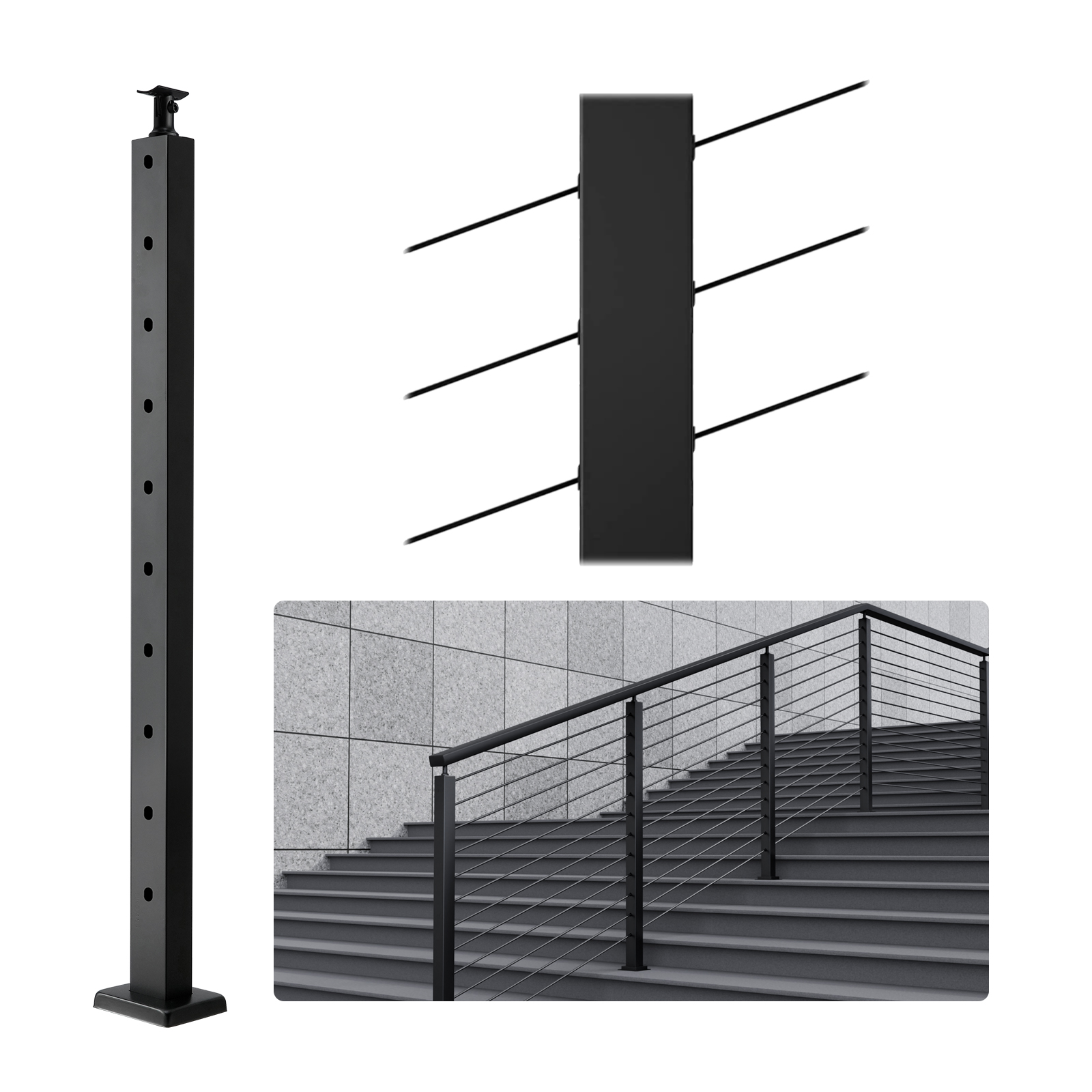 Vevor Palo Per Ringhiera Per Scale, Palo Per Parapetto Fori Inclinati A 30 Gradi, 10 Fori Preforati, Palo Ringhiera Acciaio Inox 91,4x2,5x5 Cm, Nero, 1jzlgzhs91424hs5gv0