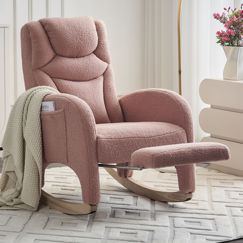 Okwish - 052 Sedia A Dondolo, Sedia Relax, Sedia Da Soggiorno Con Braccioli, Sedia A Dondolo Imbottita, Sedia Da Camera Da Letto, Tessuto In Pelliccia Sintetica Rosa, Capacità Di Carico 110 Kg