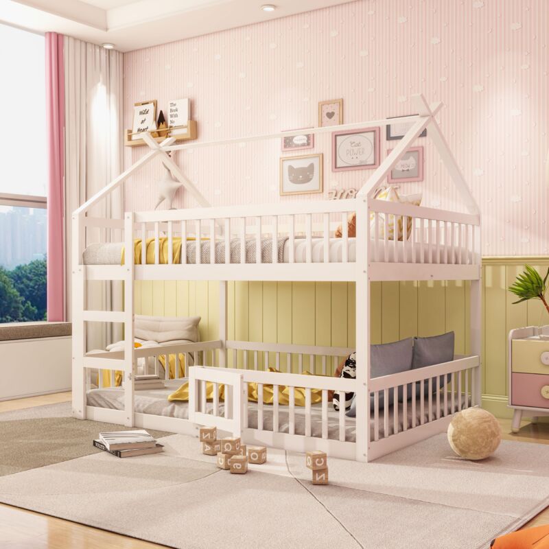 Letto A Castello Per Bambini 140x200 Cm, Letto A Soppalco Con Scale, Design Loft, Protezione Anticaduta, Legno Massiccio, Bianco
