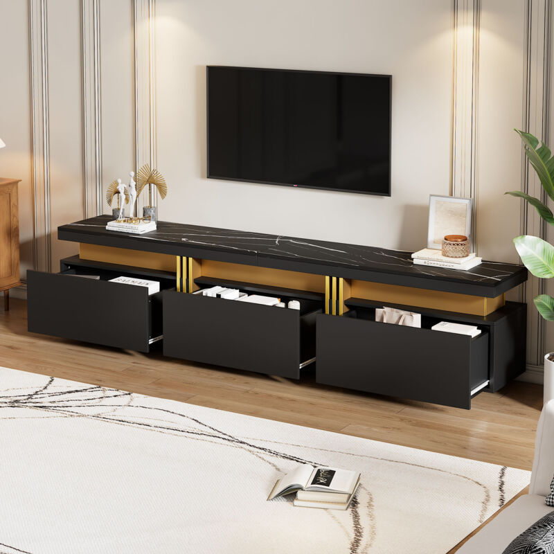 Redom - Mobile Tv Moderno Basso In Aspetto Marmo, Mobile Tv, Cassettiera Tv, 200 X 40 X 42 Cm - Per Tv Fino A 90 Pollici, Tre Cassetti E 1 Canalina Per Cavi