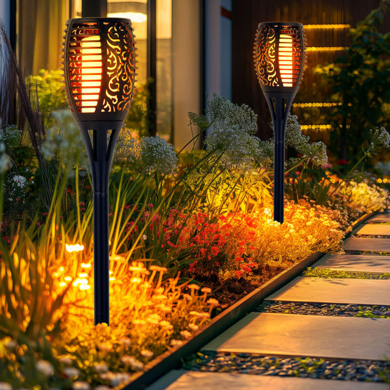 Torcia Solare Effetto Fuoco, Torcia Solare, Effetto Fiamma, Lampada Da Giardino, Torcia Nera, Plastica, Lampadina Led Arancione Tremolante, H 78 Cm, Set Da 2