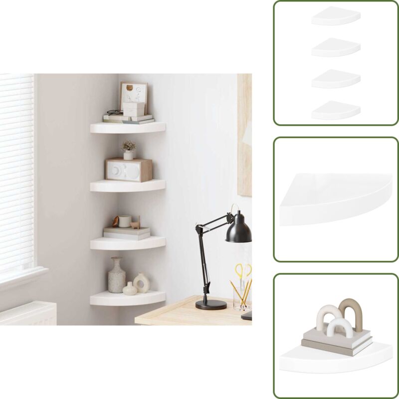 The Living Store Mensole Angolari Sospese 4 Pz Bianco Lucido 25x25x3,8 Cm Mdf - Mensole Sospese