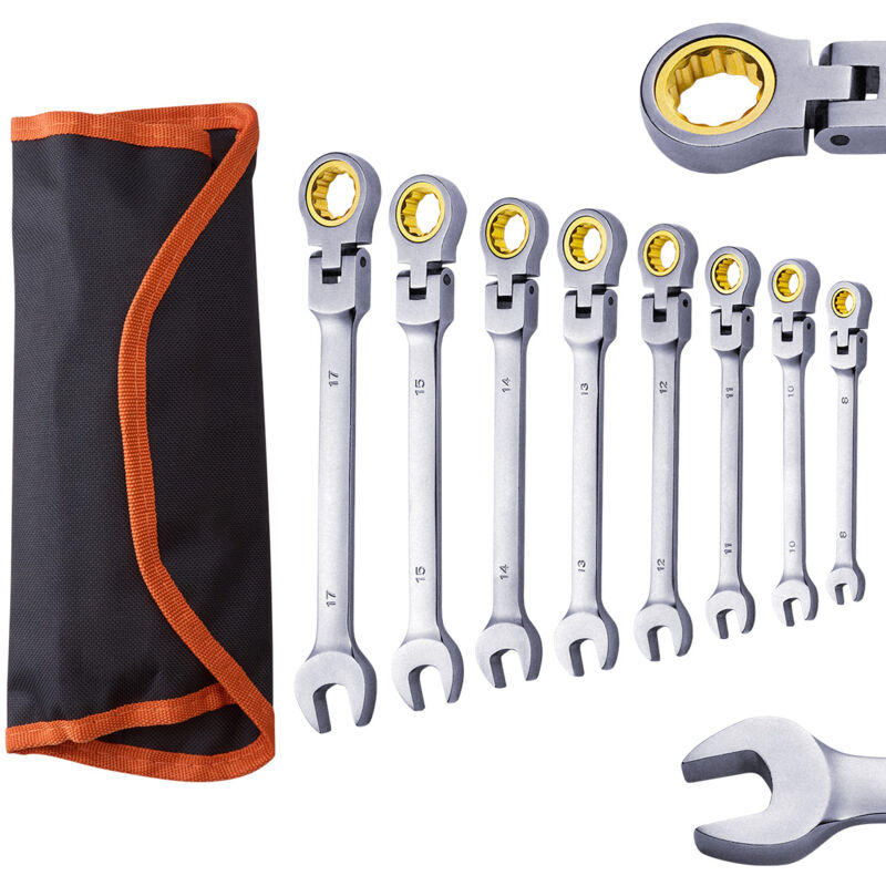 Mophorn Set Di Chiavi A Cricchetto Flessibili Da 8 Pezzi, Chiavi Combinate In Acciaio Cr-v Con Custodia Arrotolabile, Metriche Da 8 Mm A 17 Mm, Cricchetto Flessibile, Ideale Per Riparazioni