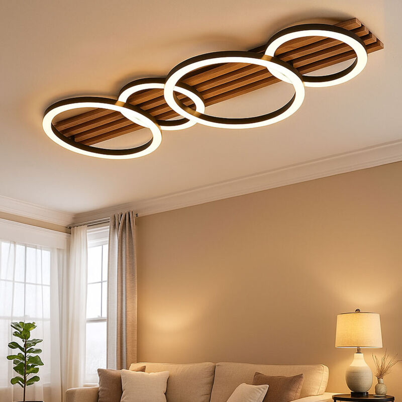 Globo Lighting - Lampada Da Soffitto A Led Lampada Da Camera Da Letto Lampada Da Soffitto Lampada Da Soggiorno Lampada In Legno Anelli Design Marrone, 30w 1500lm Bianco Caldo, Lxh 86 X 9,5 Cm