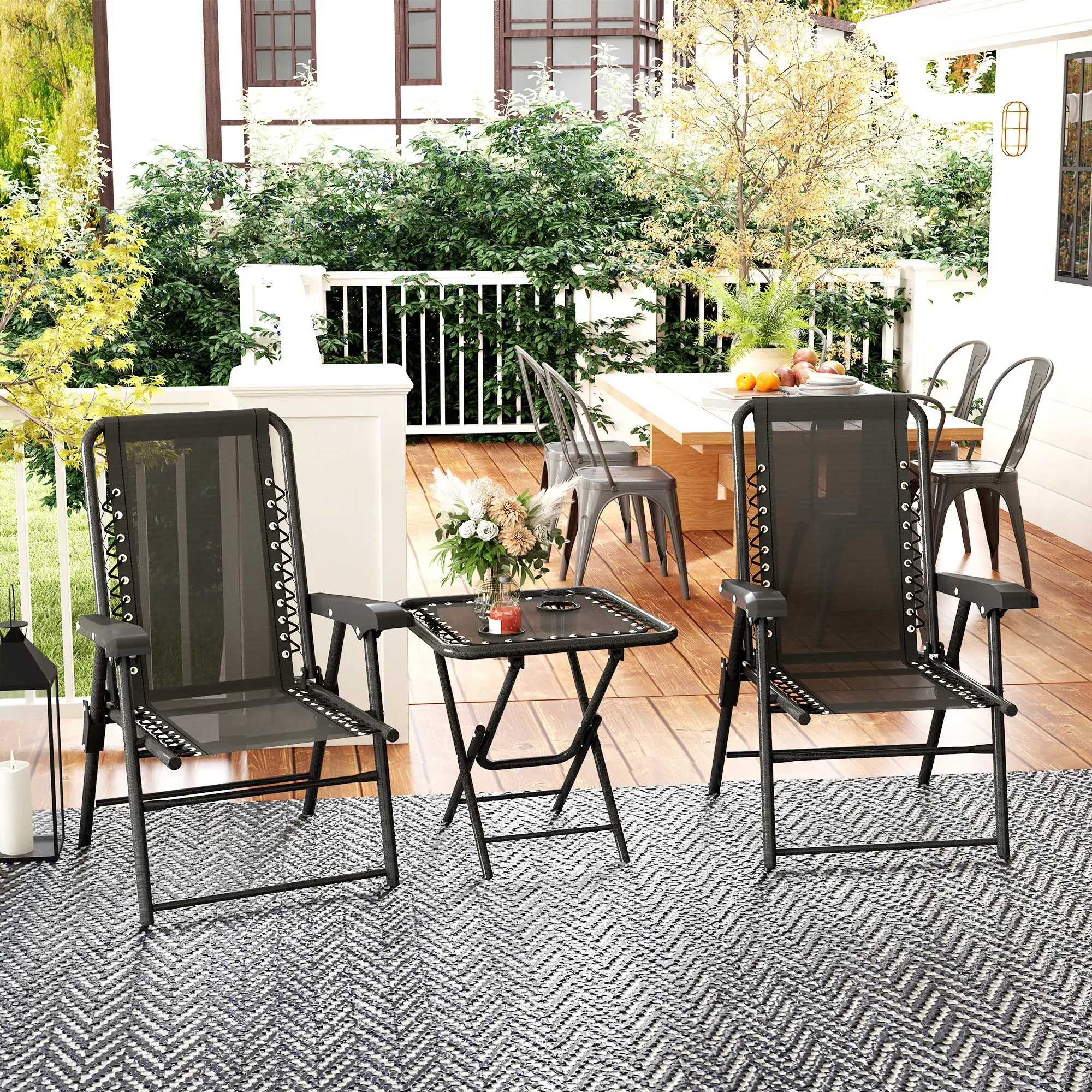 3-teiliges Outdoor-Klappstuhl-Tisch-Set, tragbare Terrassenliegestühle mit Beistelltisch und Getränkehaltern für Pool, Strand, Garten