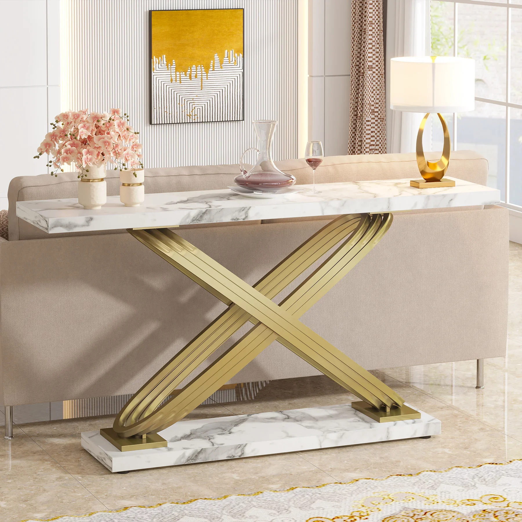 Tribesigns 55-Zoll-moderner Konsolentisch, goldener Eingangstisch aus Kunstmarmor in Gold hinter der Sofacouch, schmaler rechteckiger Sofatisch Image