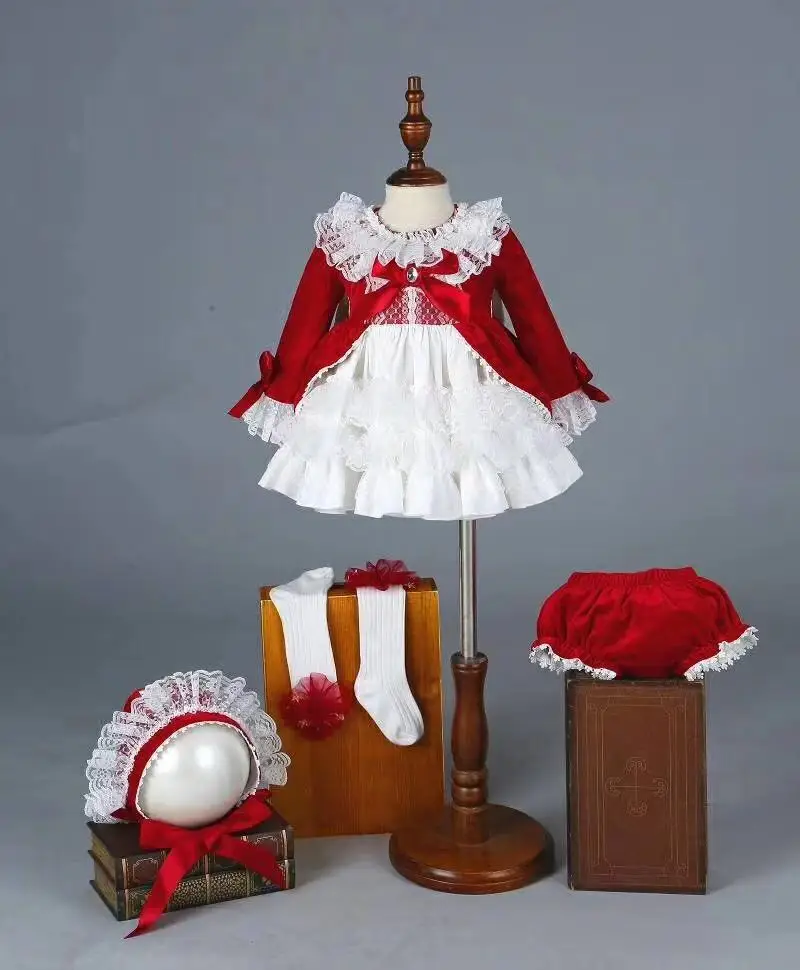 4PCS Mädchen Herbst Winter Frühling Rot Samt Vintage Spanisch Prinzessin Lolita Pompom Ball Geburtstag Hochzeit Party Weihnachten Kleid C1