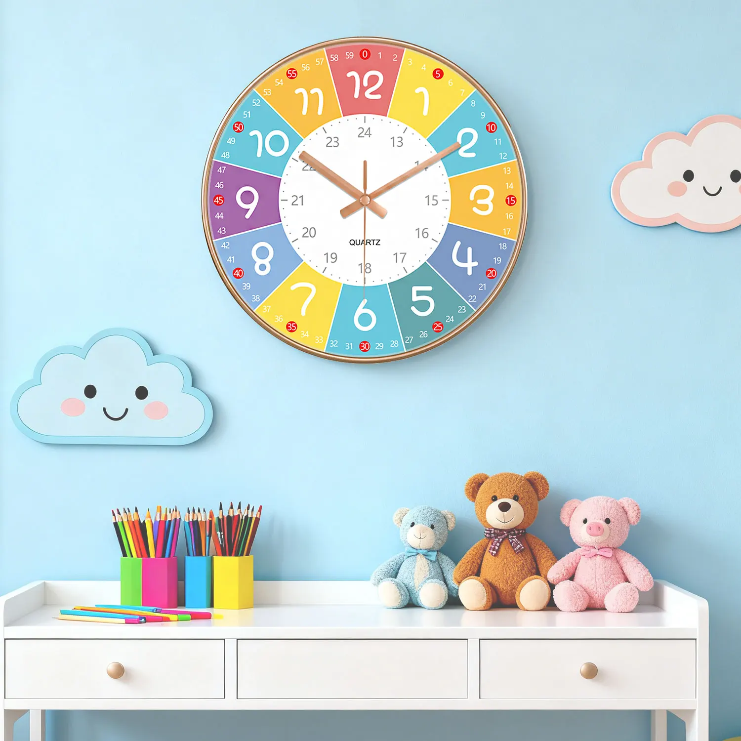 Frühe Bildung Stille Wanduhr Wohnzimmer Kinder Schlafzimmer Uhr Nicht Ticking Analog Uhr Zeit Unterricht Wanduhr 8/10/12 zoll Image