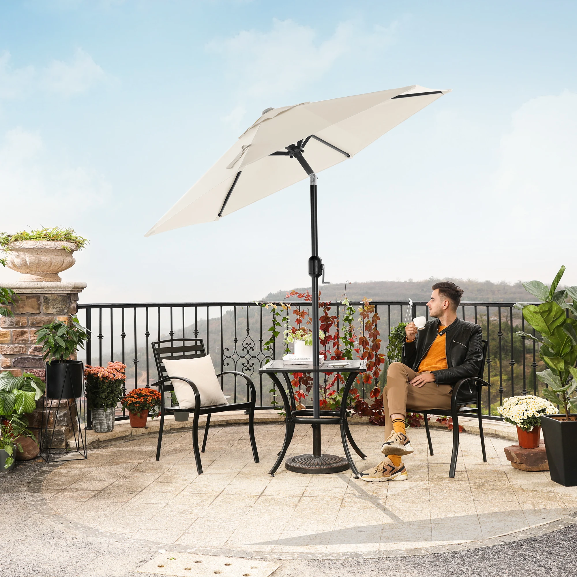 SONGMICS Sonnenschirm 210 cm, UPF 50+, Strandschirm, beidseitig um 30° knickbar, Sonnenschutz, mit Kurbel zum Öffnen/Schließen Image