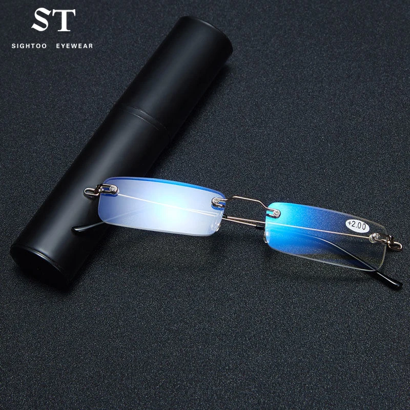 Sighttoo Anti-Blaulicht Randlose Lesebrille Neue Lesebrille Ultraleichte Beschichtung Rahmenlose Brille Lesen Mit Stiftrohr Fall Männer Image