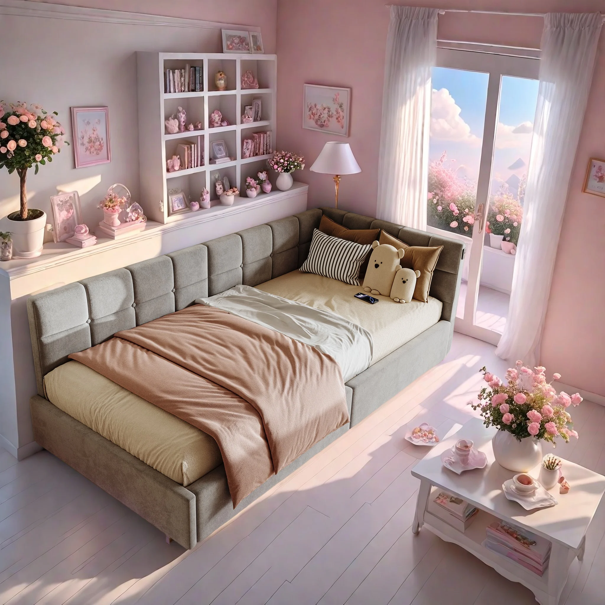 Polsterbett Einzelbett 90x200, Gepolstertes Bett mit LED, Einzelbett mit Hydraulisches Stauraum, Schlafsofa Bett, Jugendbett Stauraumbett Funktionsbett Bettgestell, Samt, Ohne Matratze (Beige)