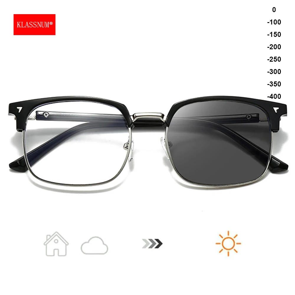 KLASSNUM Männer Photochrome Brille Halbrahmen Fertige Myopiebrille Transparente Farbwechselbrille Minus 0 -1,5 -2,0 -4,0 Image