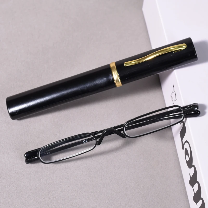 Schwarzer Rahmen für Damen und Herren, mit Federbügel und tragbarem Etui, schlanke Stift-Lesebrille, schmale Lesebrille mit Stiftetui Image