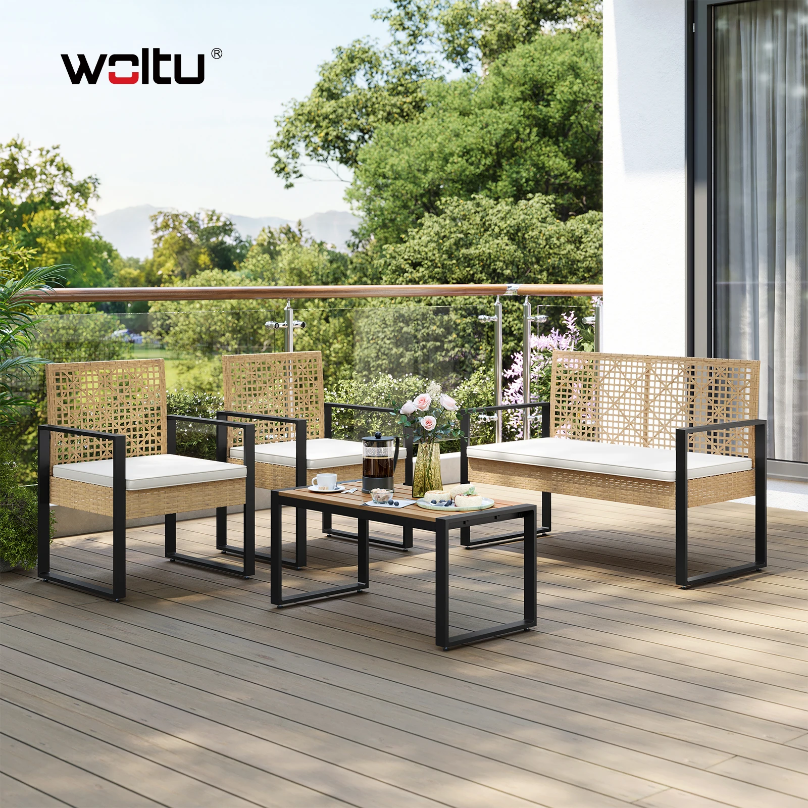 WOLTU Wetterfestes Gartenmöbel-Set in Rattanoptik, 1 Tisch für den Außenbereich, 1 Zweisitzer-Sofa, 2 Sessel mit Kissen für Terrasse und Balkon