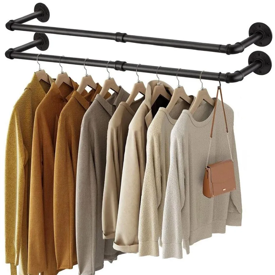 2er-Pack Wandmontierte Industrielle Rohr-Kleiderstange 92cm Metall-Kleiderhängestangen mit 4 Haken für Kleiderschrank Schlafzimmer Waschküche