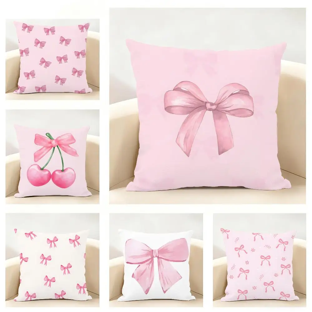 art sweet Rosa Schleifenkissenbezug mit Kirschen, Leinen-Kissenhülle, weich, für Sofa, Bett, Heimdekoration Image