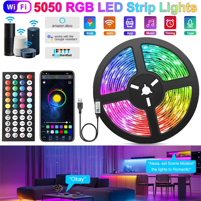 WIFI USB RGB 5050 Bluetooth LED Strip Light, 1m-10m Sincronizzazione musicale 5V Nastro flessibile Alexa Smart Lights Strip per Party Room Deco