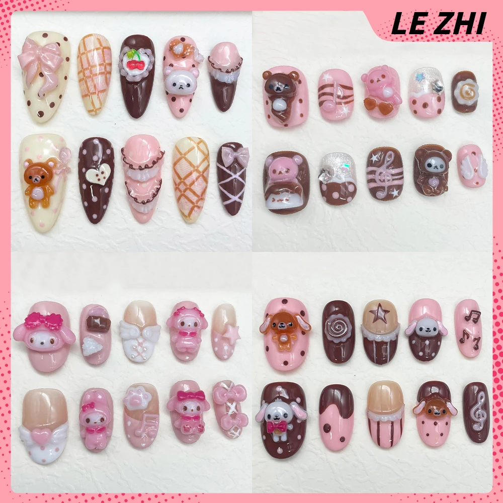 10 Stück Handgemachte Cartoon 3D Puppe Kaninchen Rilakkuma Aufklebenägel Japan Südkorea Rosa Süße Notenflügel Anpassbare Künstliche Nägel