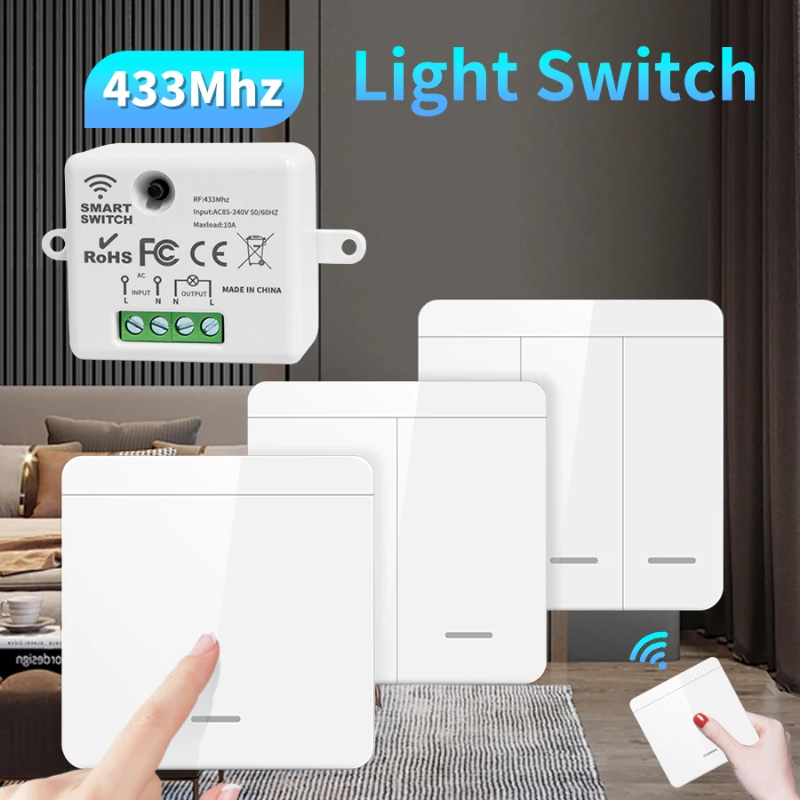 100-240V RF 433Mhz Lichtschalter Fernbedienung 1/2/3-fach Wandpanel-Schalter Drahtloser EIN/AUS-Schalter für LED-Beleuchtung Image