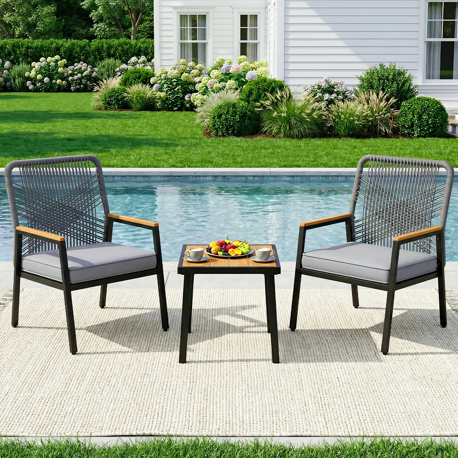 3-teiliges Gartenmöbel-Set,2 Stühlen mit 1 Tisch,Rattan Outdoor Balkonmöbel mit Sitzkissen,Bis 160 kg,für Gärten,Terrassen,Balkone,Veranden