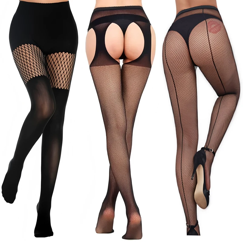 Modische schwarze Gothic-Netzstrumpfhose mit Hohlmuster, im Look einer halbhoher Strumpfhalter-Strumpfhose, sexy Gothic-Netzstrümpfe