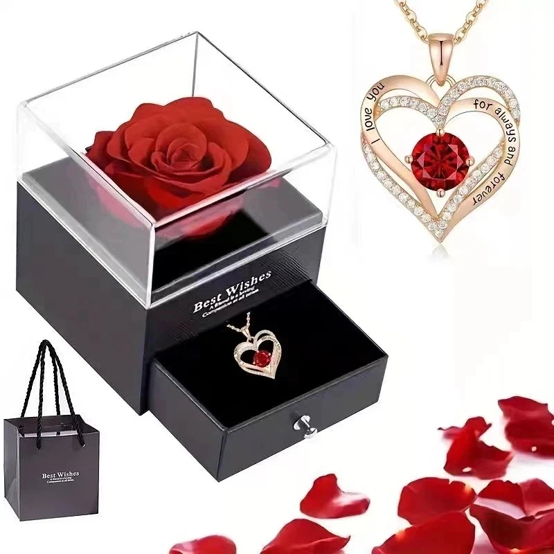 Elegante rote Zirkonia-Anhänger-Halskette mit Rosenstrauß – Geschenkbox „Best Wishes“, perfekt für Jubiläum, Geburtstag, Hochzeit