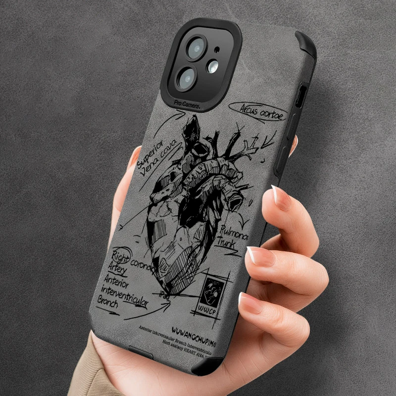 Schwarze Herz-Handyhülle für iPhone 17 AIR 16 15 14 13 Pro 12 11 Pro Kunstleder Wildleder Hüllen Braune Abdeckung Image