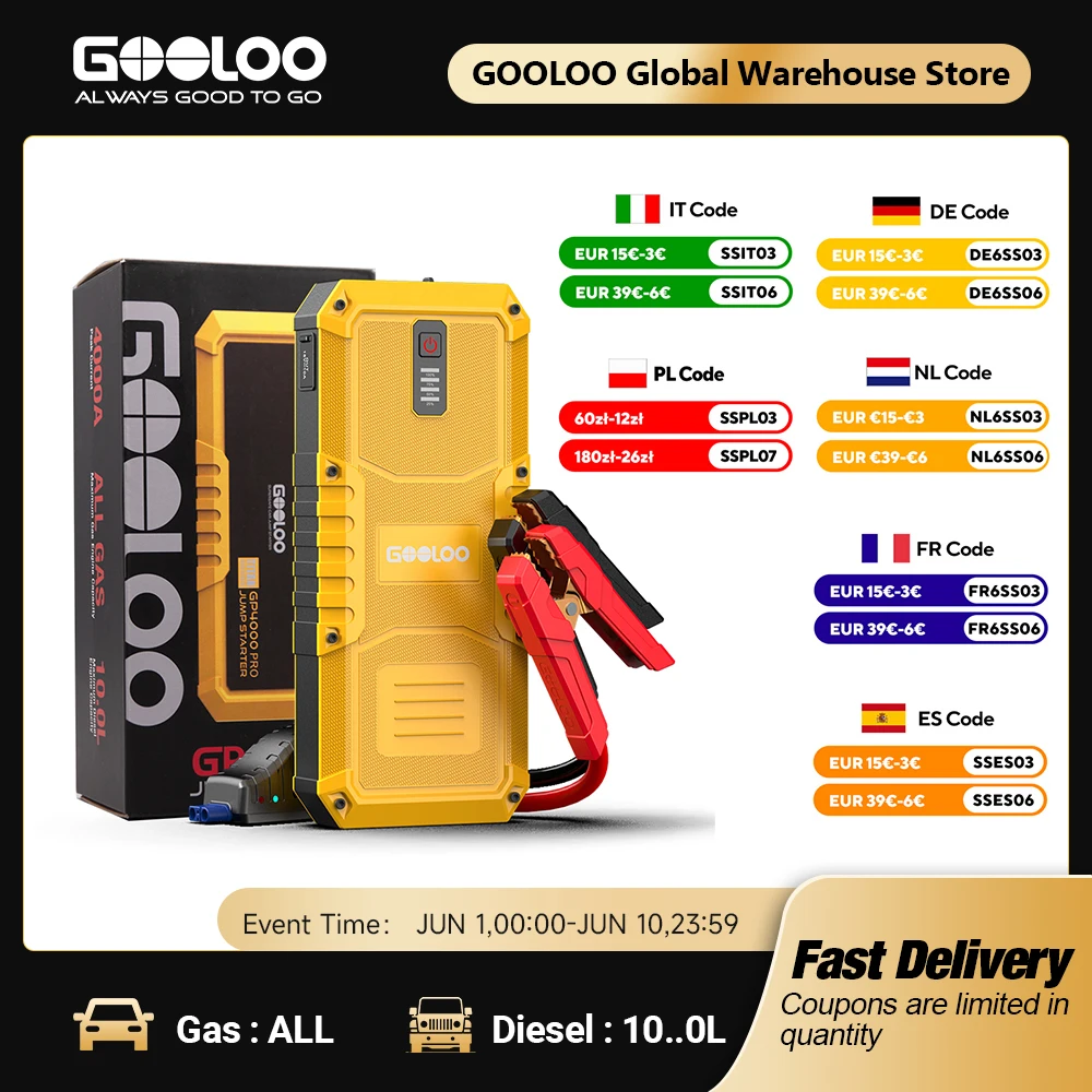 GOOLOO Batterie Externe de Démarrage de Voiture 20000 mAh 4000A 12V Dispositif de Démarrage pour Voitures Essence et Diesel Chargeur de Batterie Auto Booster