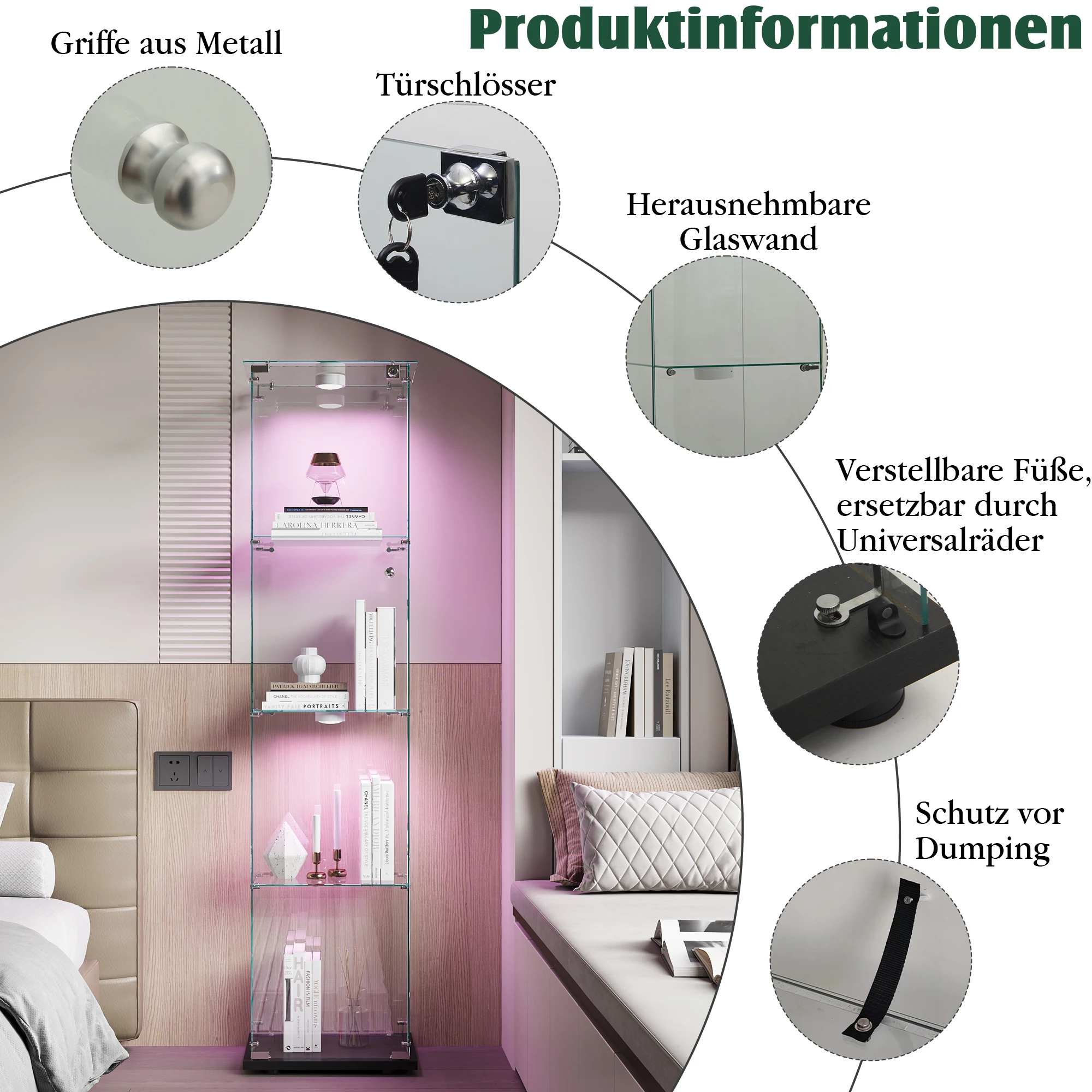 Comanlai 163×40×35 cm 4-Fächer Glas-Vitrine, mit Türen, Glasschrank mit LED, mit Tür und Schloss, für Wohnzimmer Image