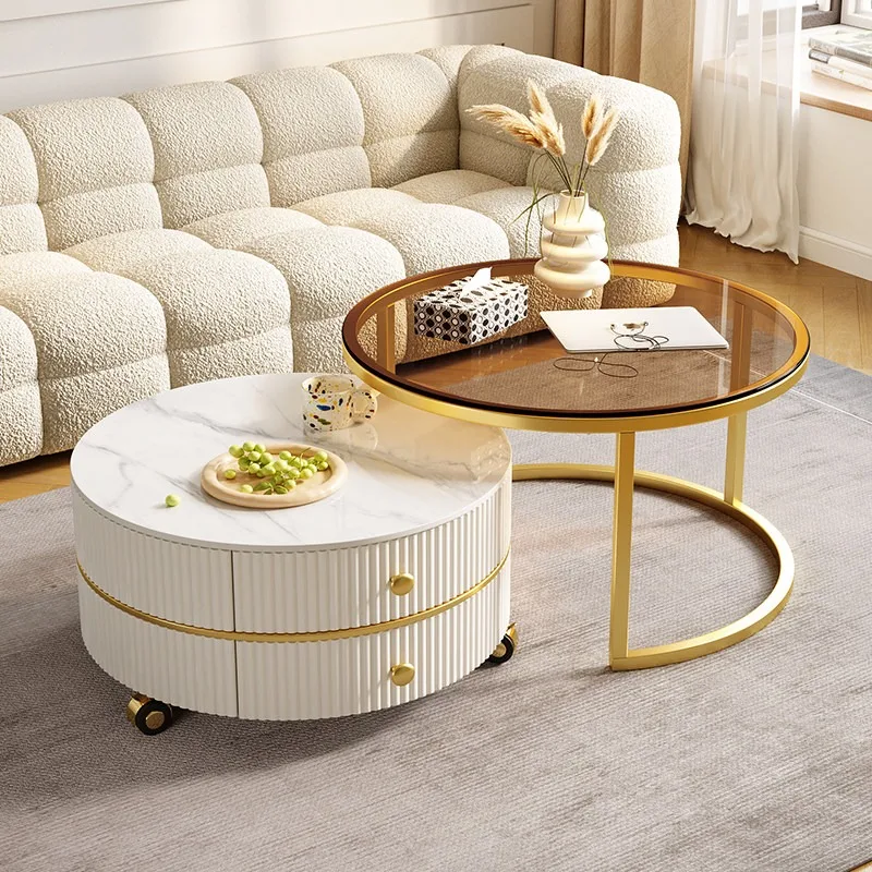 Couchtisch Wohnzimmer Haushalt Steinplatte Kleine Wohnung Leichter Luxus Moderner Runder Kombinations-Couchtisch Cremefarbener Stil Schlicht