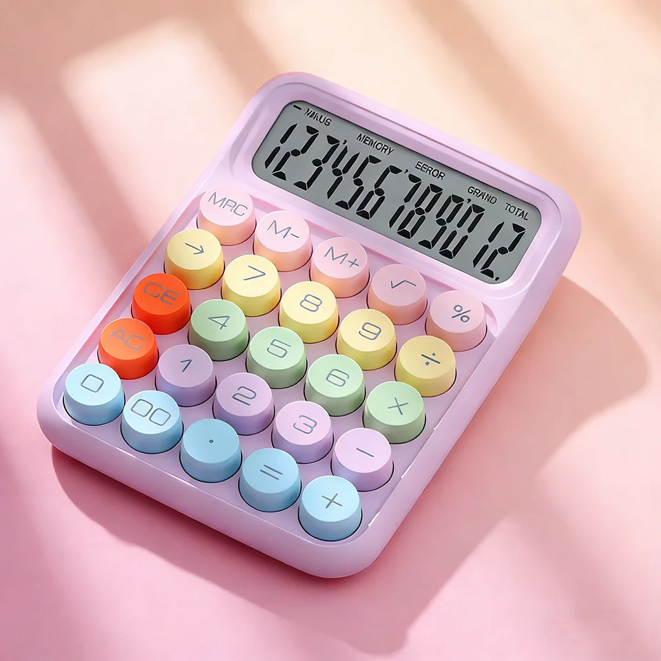 Niedlicher lila Tischrechner mit 12-stelligem großem Display und übergroßen Tasten, farbenfrohes Bürozubehör und Schreibtisch-Deko-Accessoire. Image