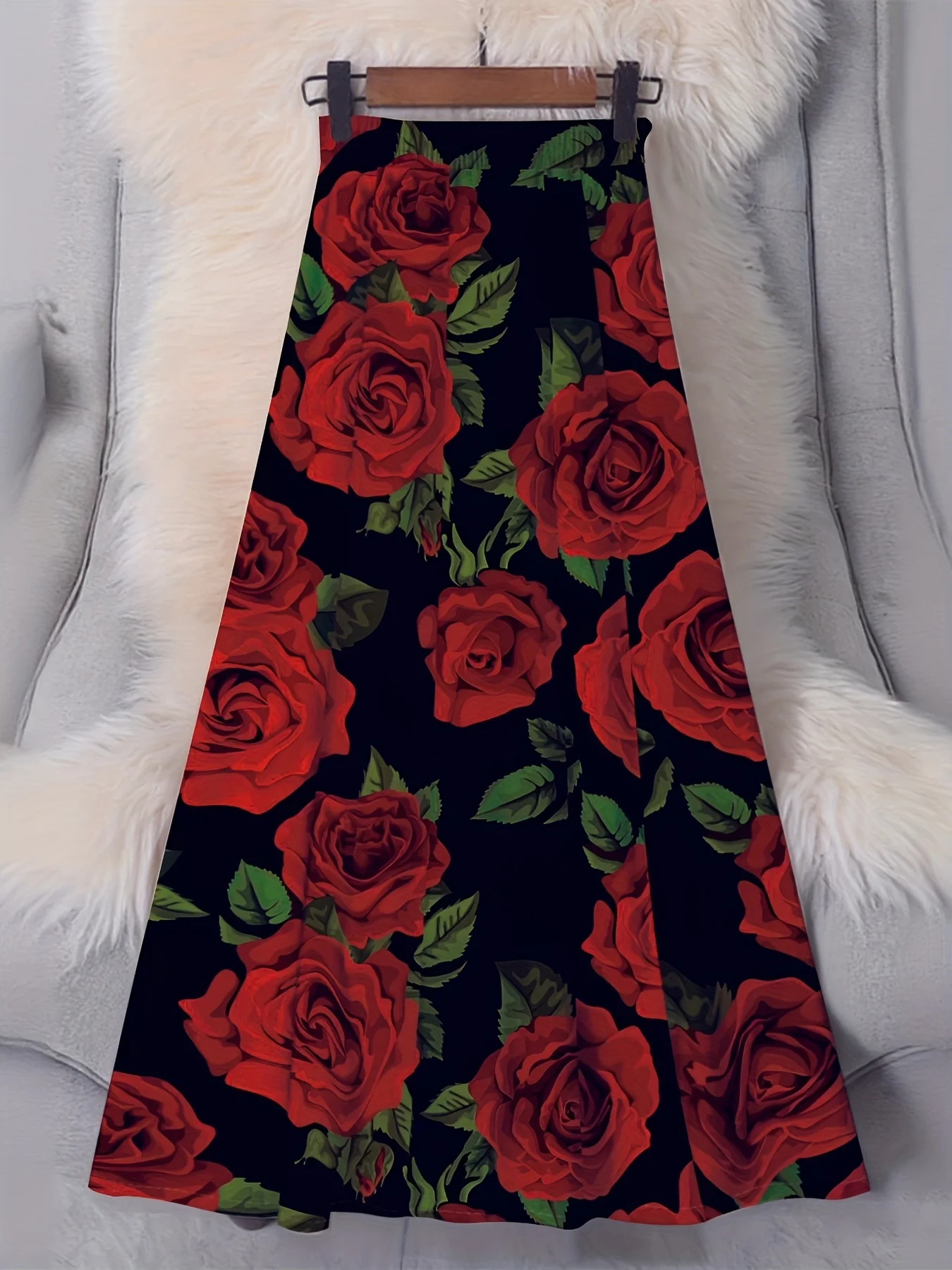 Gonna da donna nera, gonna casual a trapezio, gonna midi con stampa floreale rosa, gonna estiva da ufficio, gonna a vita alta con elastico in vita
