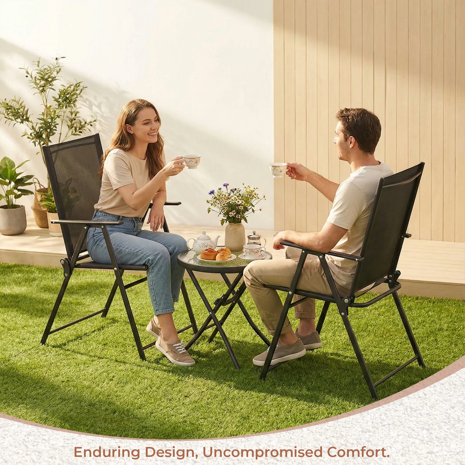 Klappbar Gartenmöbel Set,3-teiliges Outdoor Sitzgruppe 2 Klappstühlen 1 Glastisch Set,Balkonmöbel Set,Ergonomisch,für Balkon,Terrasse