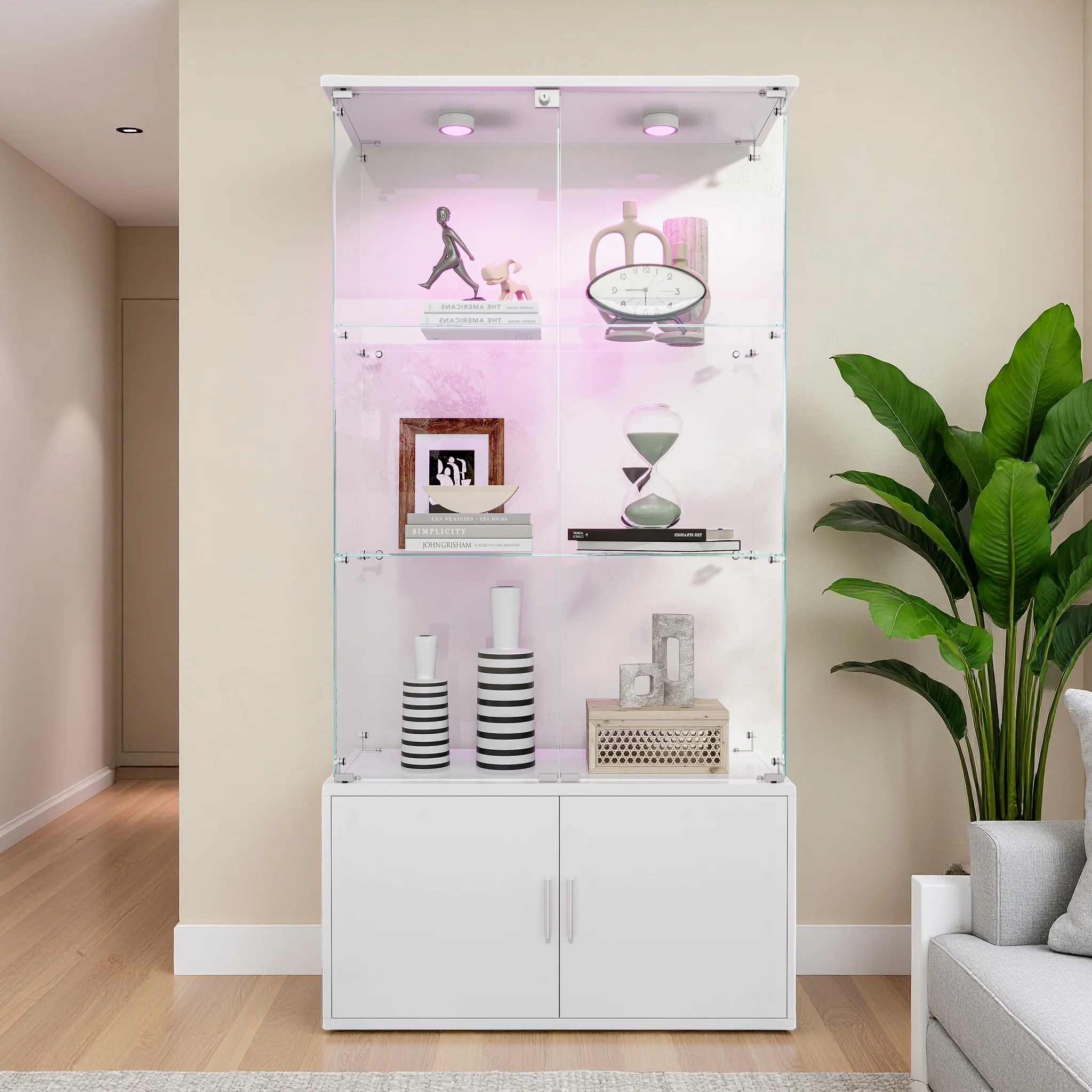 Glasvitrine mit LED, Standvitrine für Sammlungen mit 4 Türen, Vitrinenschrank mit 3 Einlegeböden, Bücherschrank mit Unterschrank, Standschrank aus Holz und Glas, Sammlervitrine für Wohnzimmer,