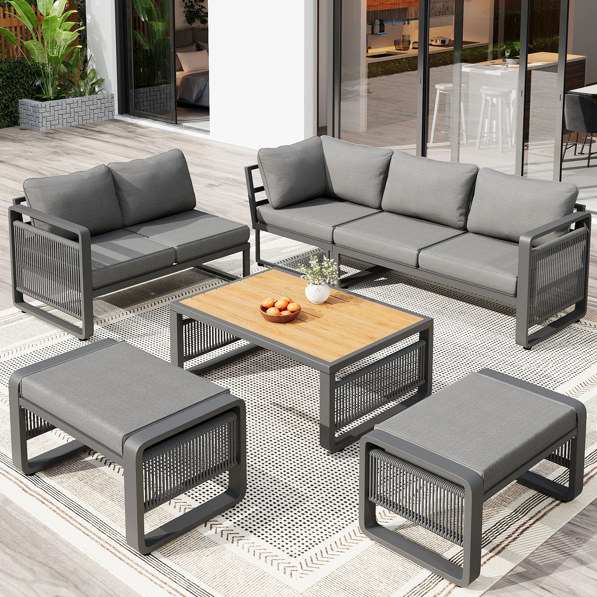 Gartenlounge mit 2 Sofas, Eckmodul, 2 Hocker, Tisch, Kissen, Terrasse für 6-7 Personen, Metall/wasserabweisender Stoff, grau