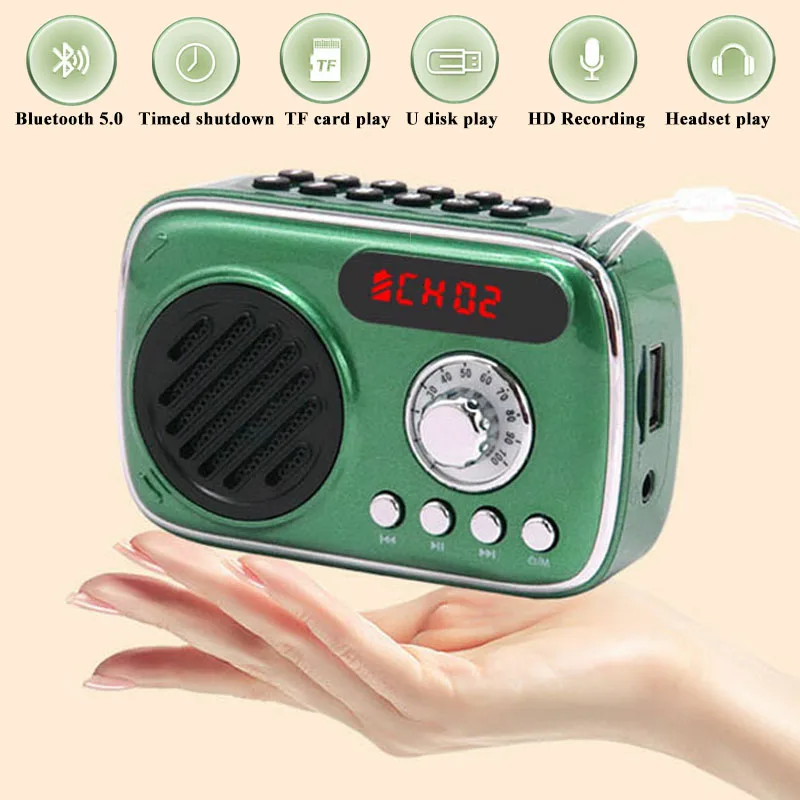 Mini Radio FM Portatile con Display LED, Altoparlante Bluetooth Wireless Retrò, Registratore HD con Cuffie da 3,5mm, Slot USB e Scheda TF