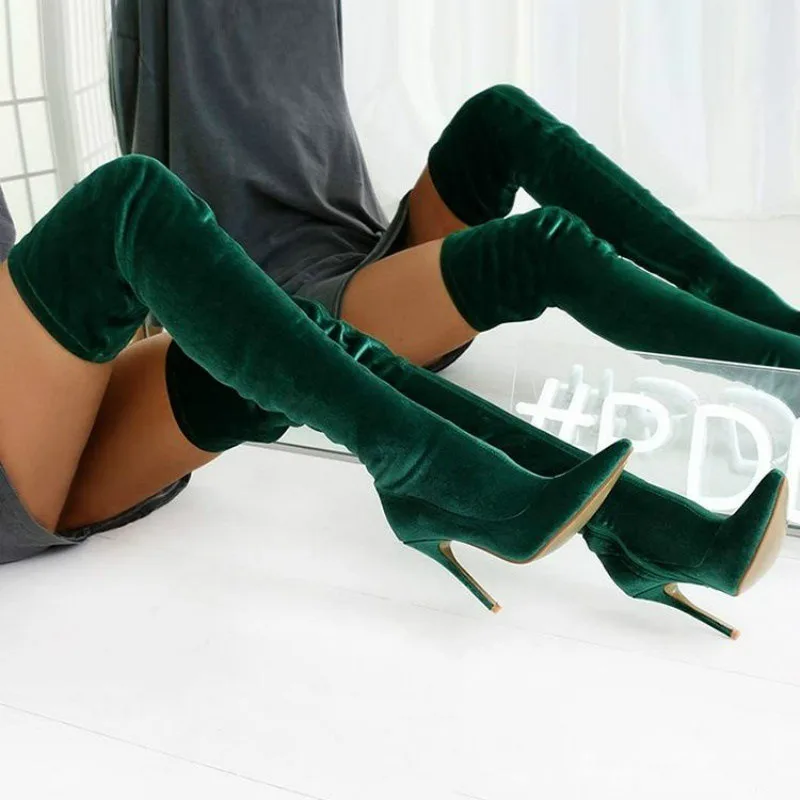 Damenstiefel aus Samt, Overknee-Stiefel, Stiletto, spitz zulaufend, lange Stiefel, seitlicher Reißverschluss, Damen High Heels, große Größen, elastische Oberschenkelstiefel Image