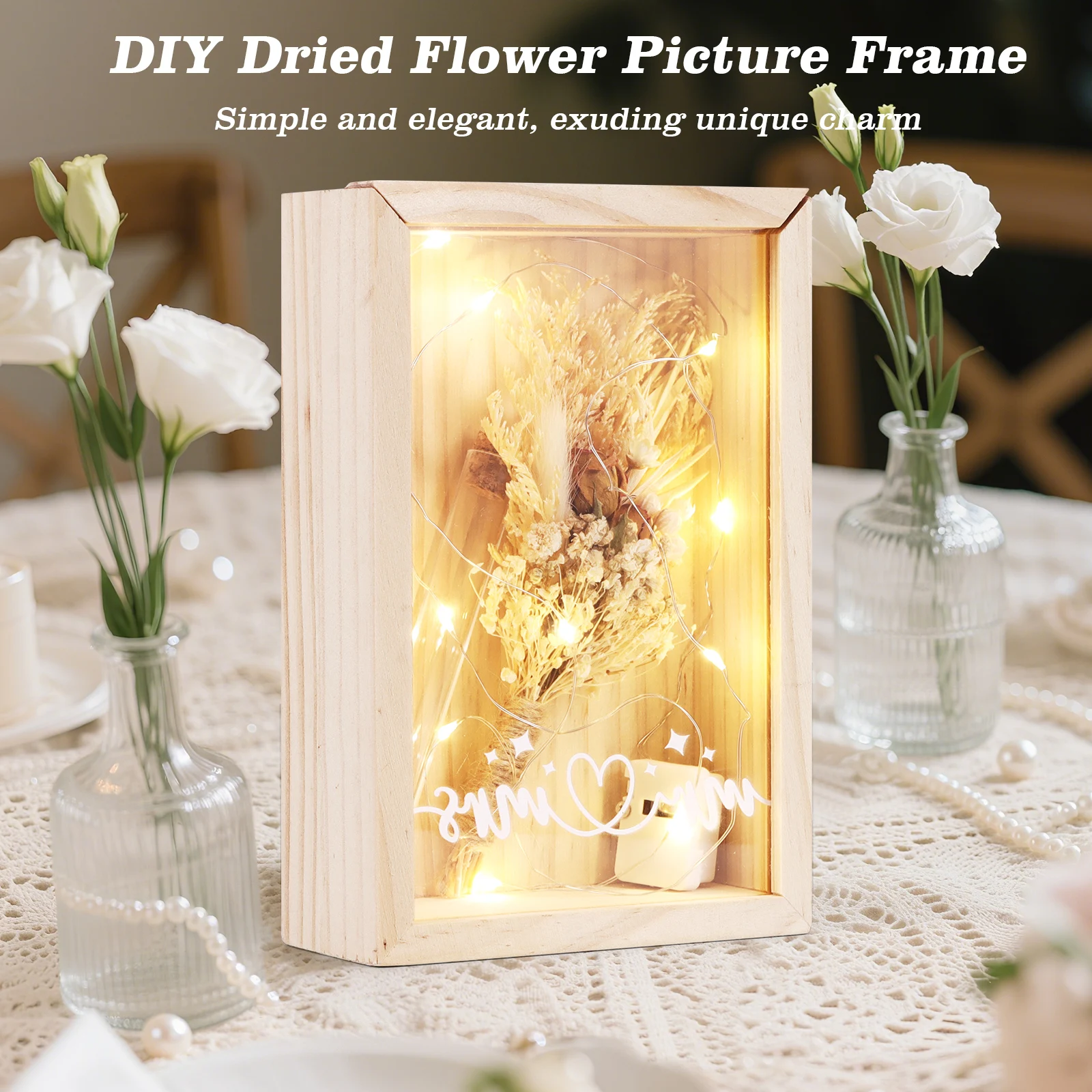 3D Schattenbox Fotorahmen Blumensträuße Holz-Bilderrahmen mit Farbigen Lichtern Tisch-Memoryboxen zur Präsentation von Kunsthandwerk und Andenken Image
