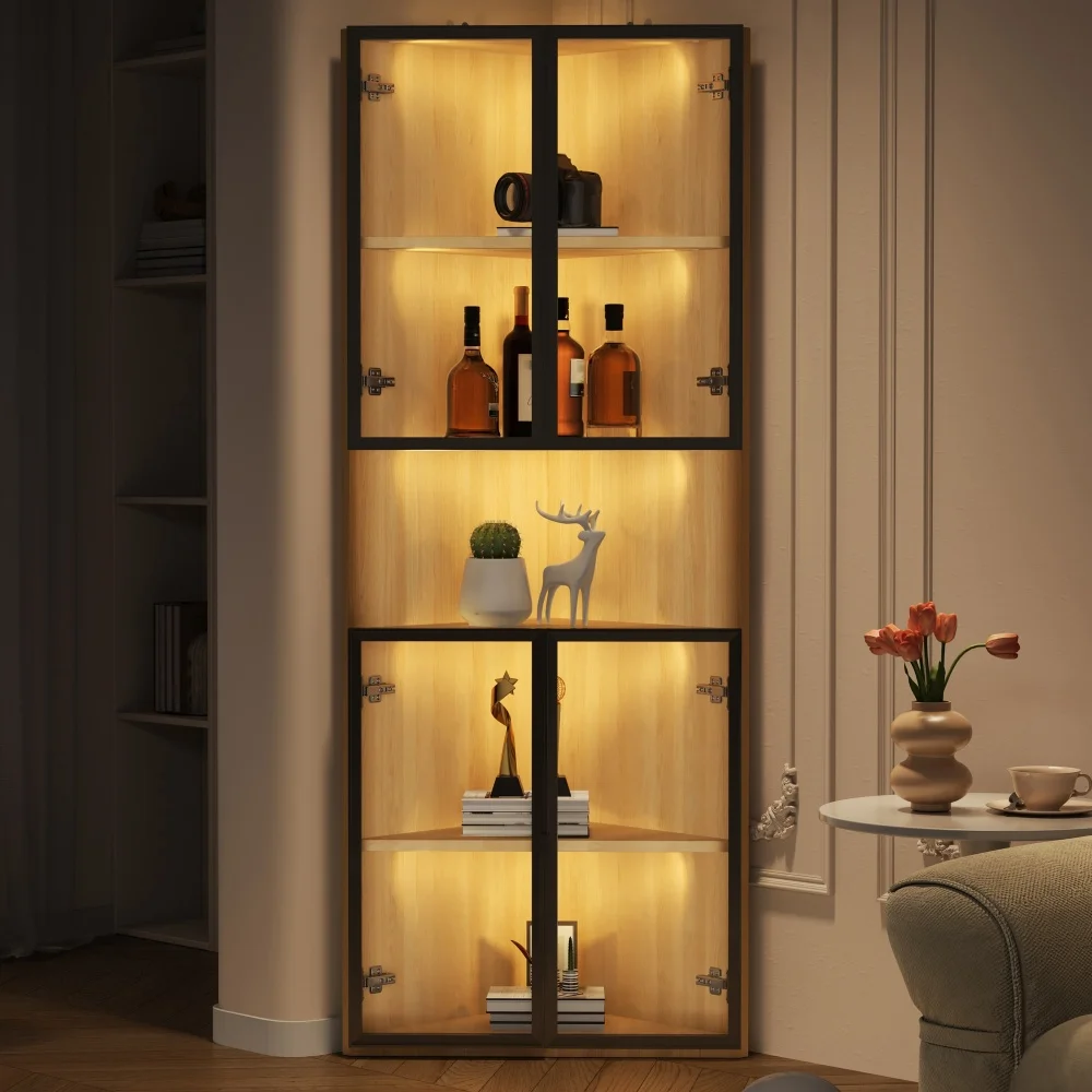 Moderne LED-beleuchtete Glasvitrine 62×32×160cm Aufbewahrungsschrank mit Tür Multifunktionaler Sammlungs- und Bücherschrank