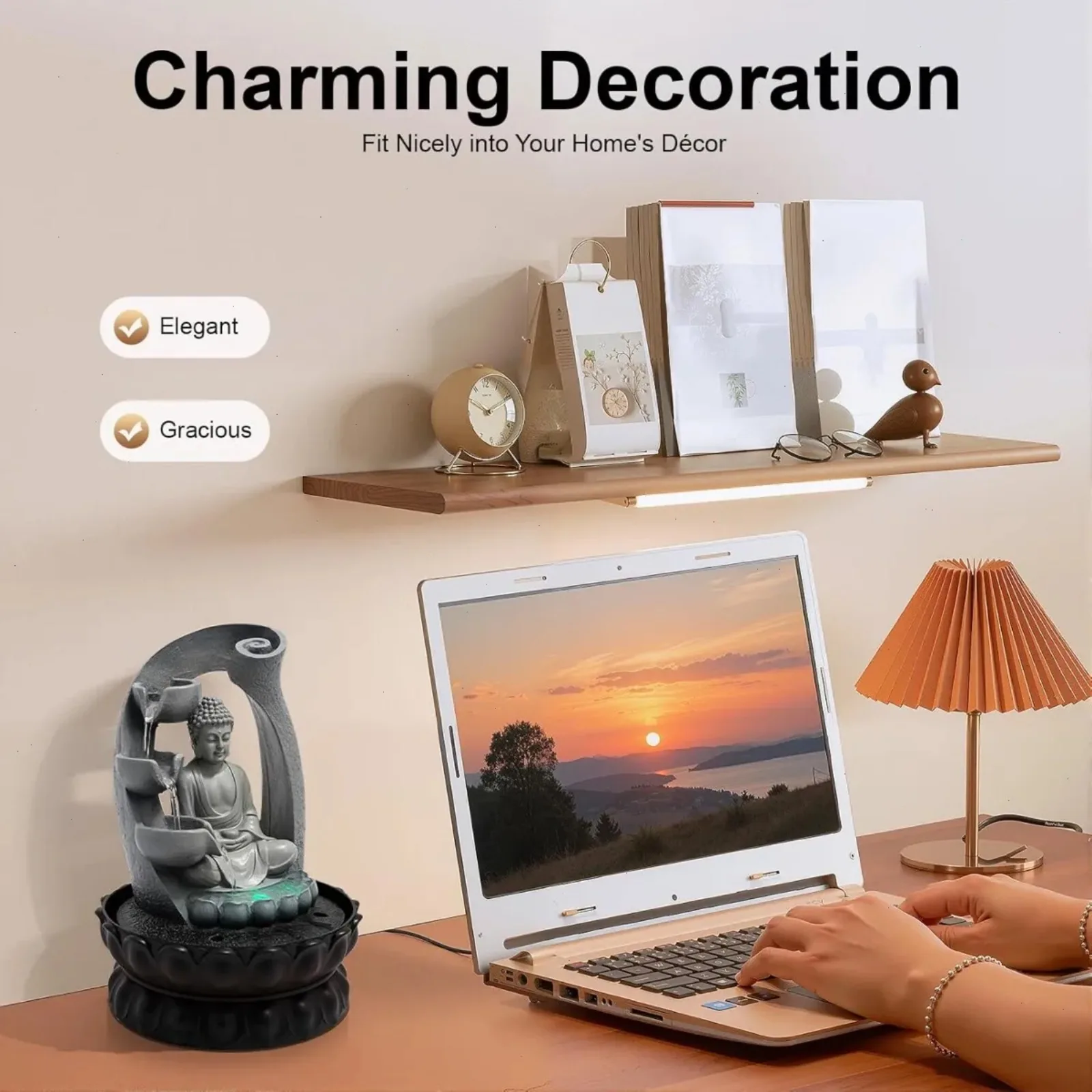 Tischbrunnen, Buddha-Statue aus Kunstharz mit Wasserfall-Ornament, Indoor-Tischbrunnen mit LED-Beleuchtung, Entspannende Heimdekoration Image