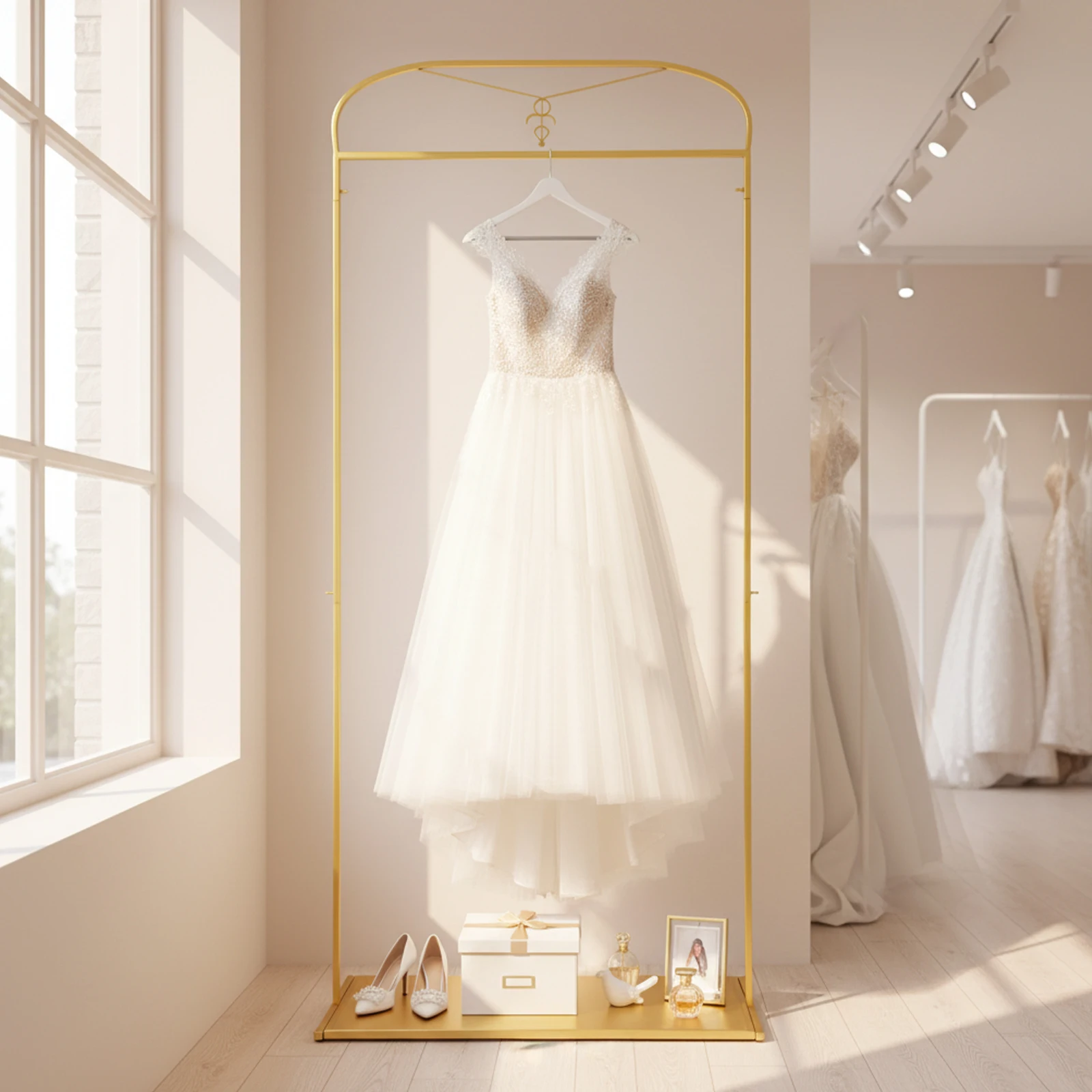 Goldener freistehender Kleiderständer aus Metall, Kleiderständer für Bekleidungsgeschäfte und Boutiquen, Kleiderständer für den Einzelhandel, Kleiderständer für lange Kleider