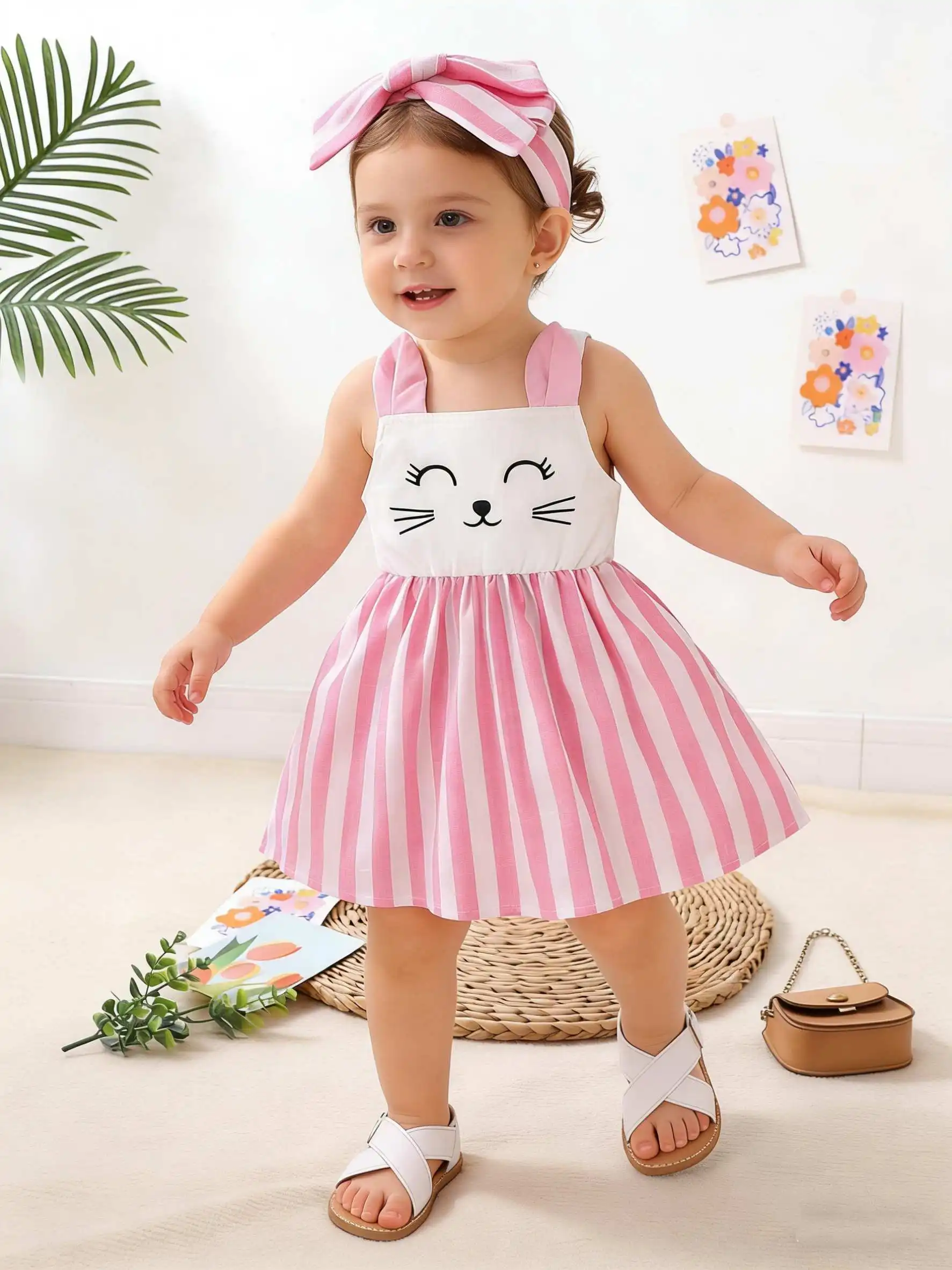 Sommer Neugeborenen Baby Katzen-Streifenkleid Set Süßer Stil 3D Katzenohren Ärmelloses Prinzessinnenkleid mit Haarband Zweiteiliges Outfit Image