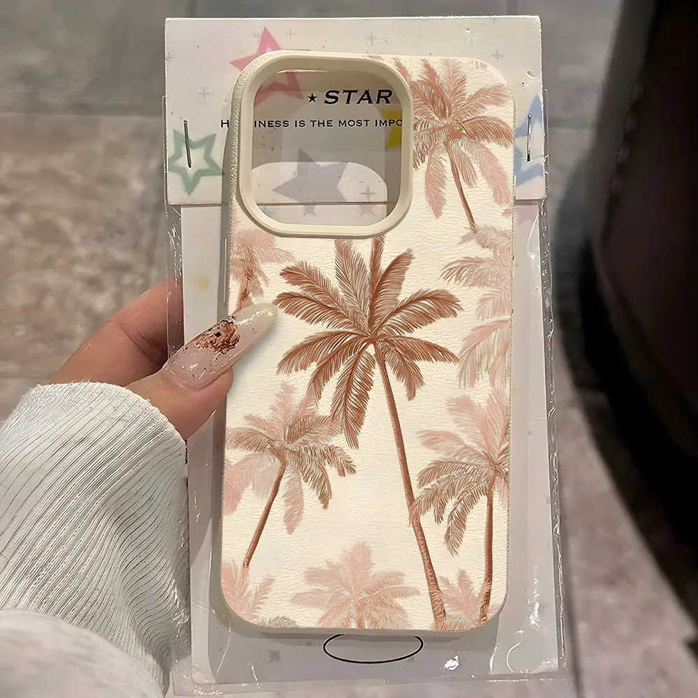 Frischer Urlaubsstil Palmenmuster Lychee Soft-Handyhülle für iPhone 17 16 15 14 13 12 11 Pro Max Air 15 Plus X Xs XR Cover Image