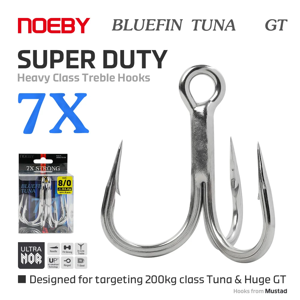 NOEBY Bluefin Tuna Super Duty Heavy Duty Dreifachhaken 7X Maximale Zugkraft 200kg Mustad Thunfischhaken 3/0 4/0 5/0 6/0 7/0 8/0 Big Game Haken