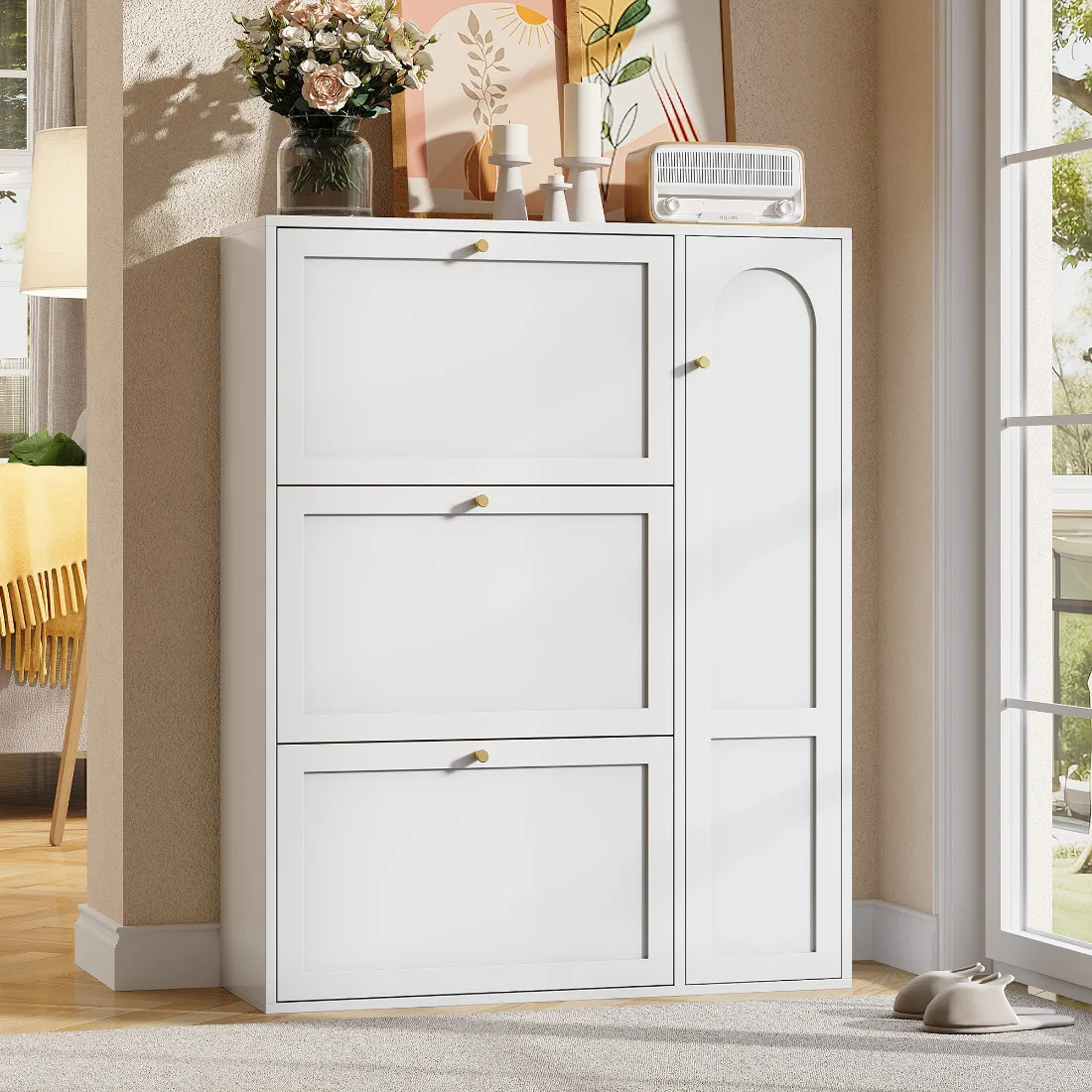 Flur-Schuhschrank mit 3 Kippflügeln & 1 Tür, verstellbaren Trennwänden, Schuh-Organizer für den Eingangsbereich, Weiß, 90x25x114cm
