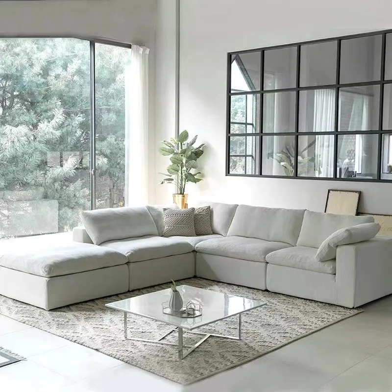 Divano modulare minimalista in morbido tessuto di lino Mobili per soggiorno Divano chaise lounge Set di divani componibili angolari lavabili