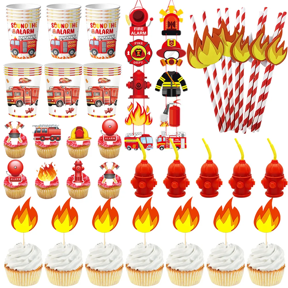 Feuerwehrauto-Party-Zubehör Feuer-Pappbecher Flammen-Trinkhalme Tortendekoration Feuerwehrmann-Geburtstagsparty-Dekorationen Image