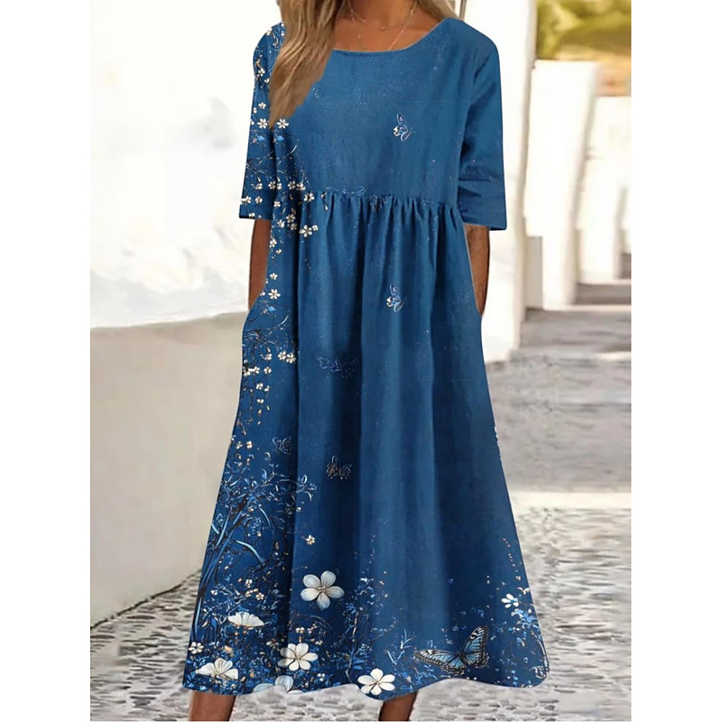 Women's Midi Dress Sheath Dress T Shirt Dress Tee Dress A Line Dress Summer Dress Vacation Casual Boho Daily Summer Dress Spring Dress Loose Fit Floral Graphic Short Sleeve Crew Neck Blue Dark Blue