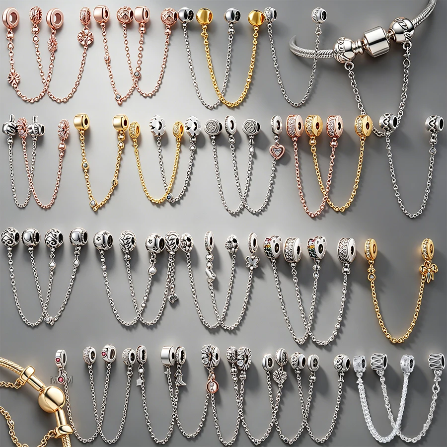 NEUE 925 Silber Sicherheitsketten-Anhänger für Armbänder DIY Schmuckherstellung Roségold-Plattierte Zirkon-Schutzkette für Damen Perlen Geschenk Image