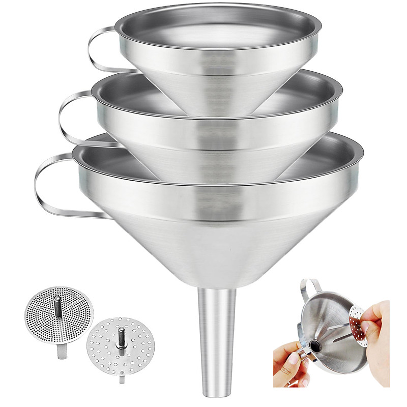 5PCS/Set 3 Pack Stainless Steel Funnels with 2 Detachable Filter for Kitchen Use, Food Grade Cooking Funnel, Kitchen Funnel Set Metal Funnels for Filling Bottles and Transferring Liquid